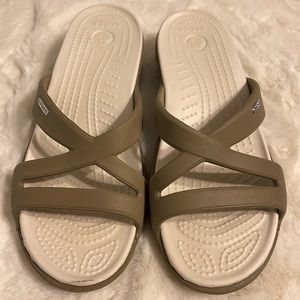 Croc sandals! Size 8W! White and gray! Good condition!